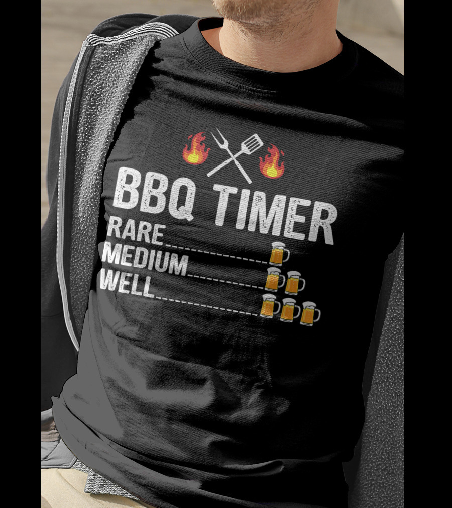 BBQ Timer Rare Medium Well Beer Flames Fork Spatula Mugs T-Shirt