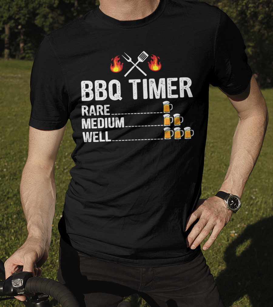 BBQ Timer Rare Medium Well Beer Flames Fork Spatula Mugs T-Shirt