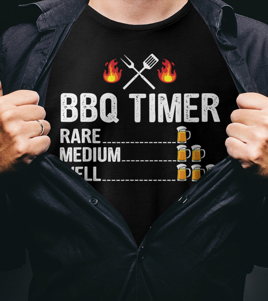 BBQ Timer Rare Medium Well Beer Flames Fork Spatula Mugs T-Shirt