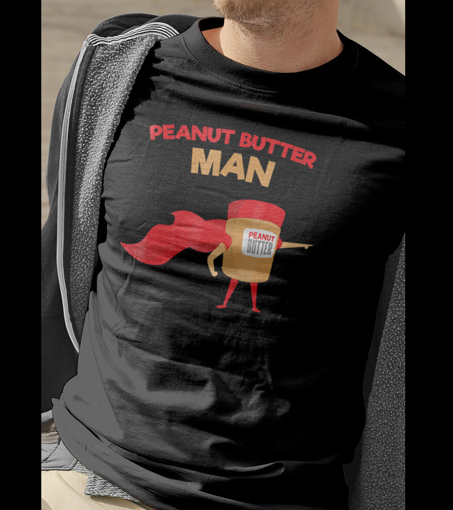 Peanut Butter Man Superhero In Red Cape Jar With Bold Letters T-Shirt