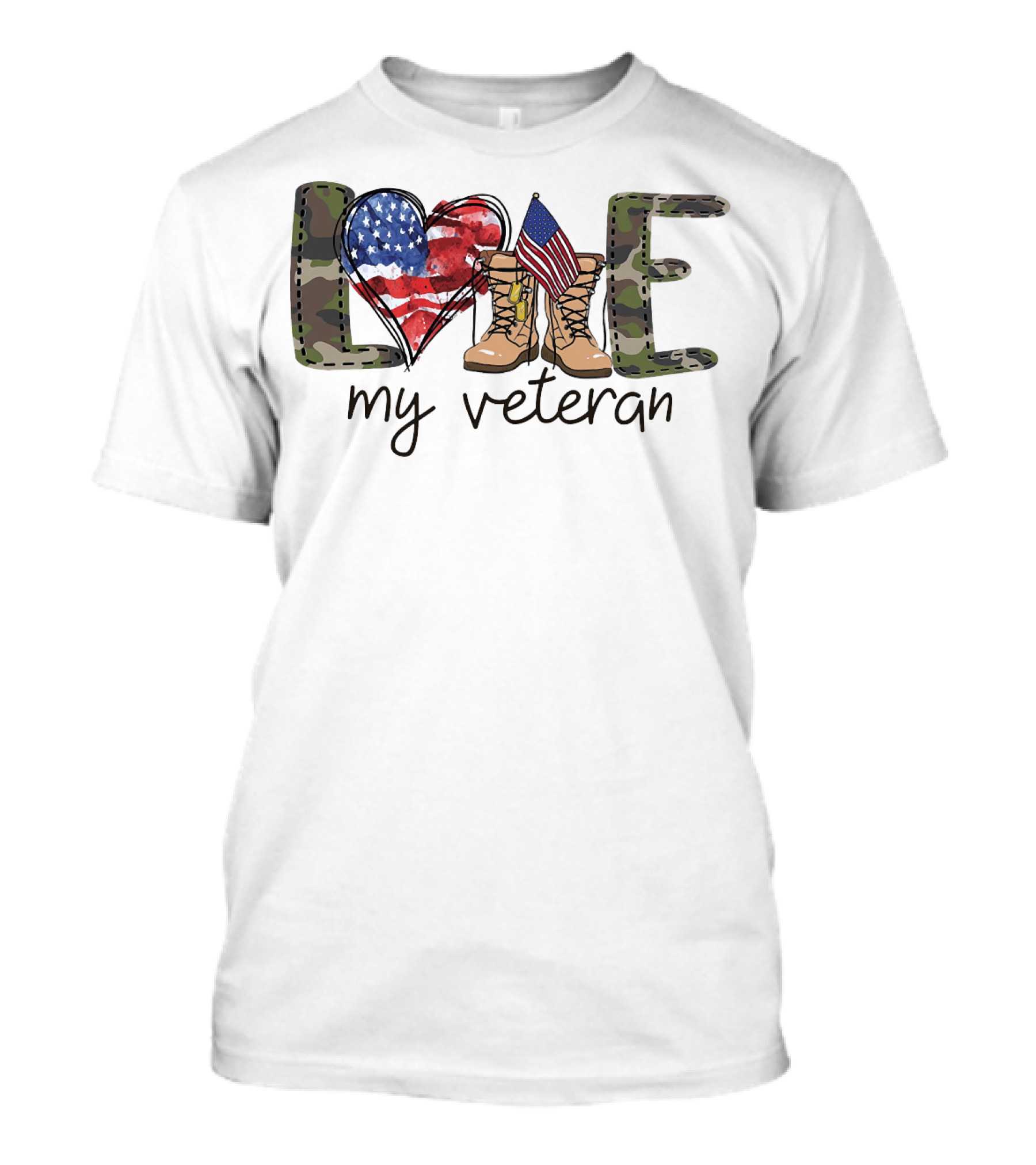 Love Camouflage Heart Boots American Flag My Veteran T-Shirt