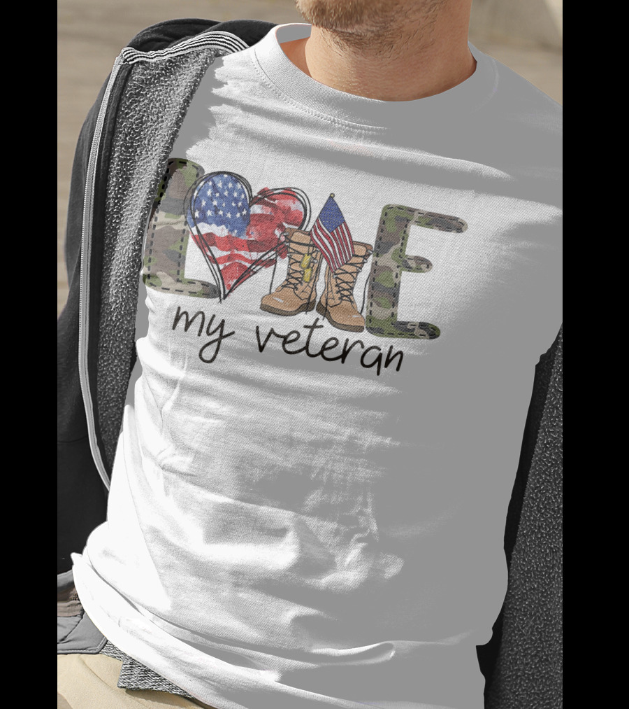 Love Camouflage Heart Boots American Flag My Veteran T-Shirt