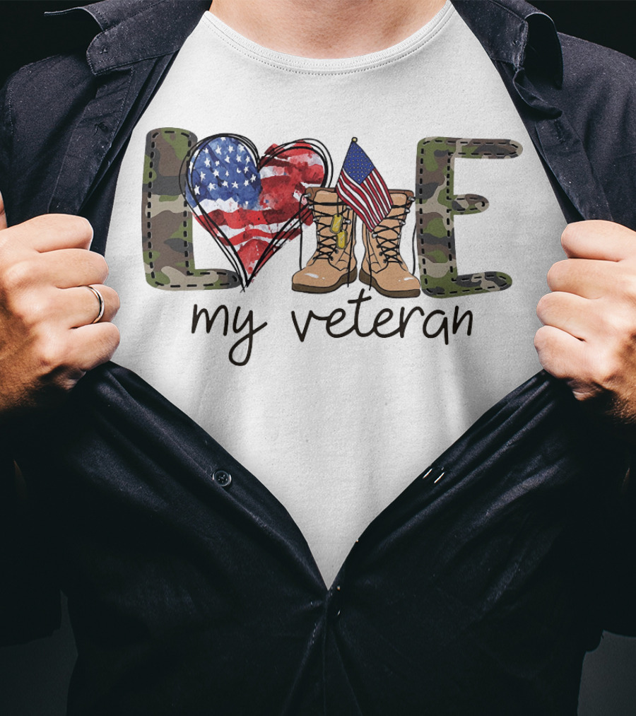 Love Camouflage Heart Boots American Flag My Veteran T-Shirt