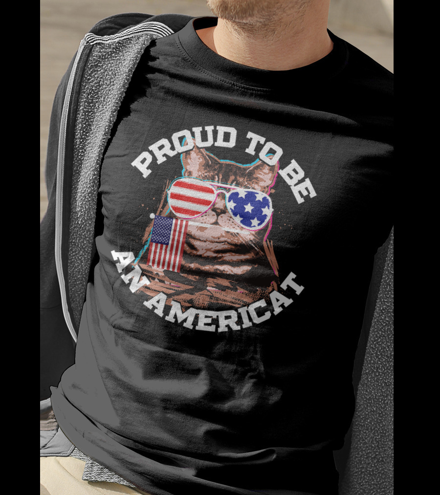 Proud To Be An Americat Cat US Flag Sunglasses T-Shirt