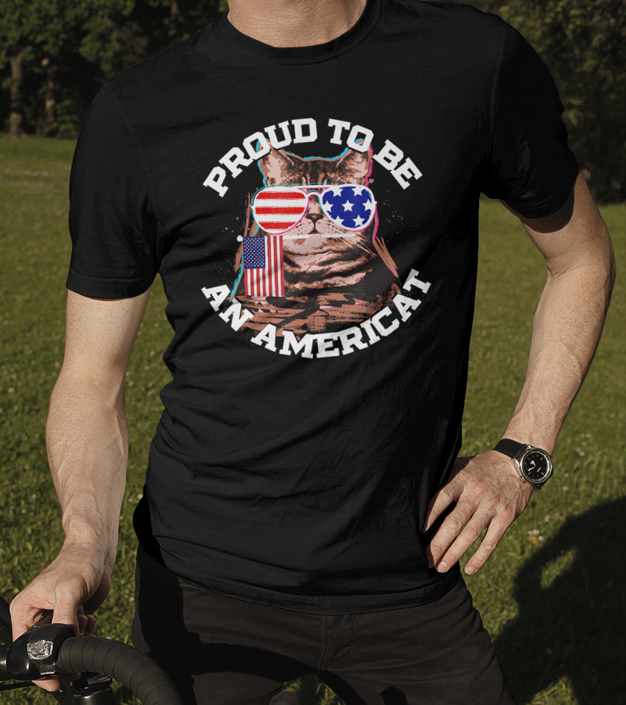 Proud To Be An Americat Cat US Flag Sunglasses T-Shirt