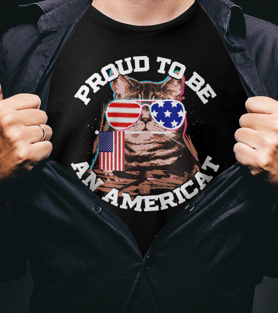 Proud To Be An Americat Cat US Flag Sunglasses T-Shirt