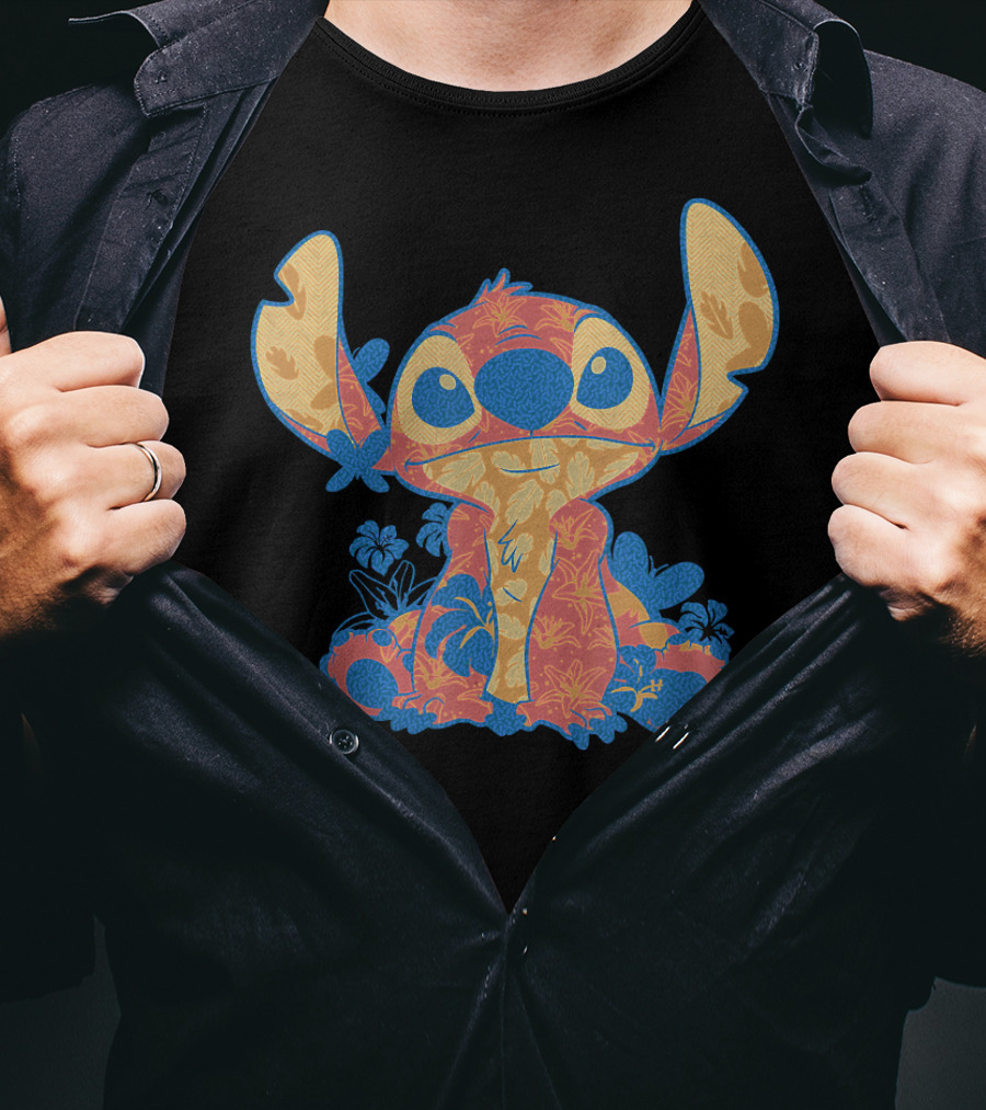 Disney Lilo Stitch Orange Blue Hawaiian Floral T-Shirt