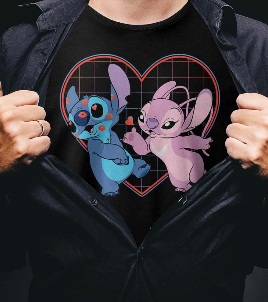Disney Lilo And Stitch Angel Heart Grid Love T-Shirt