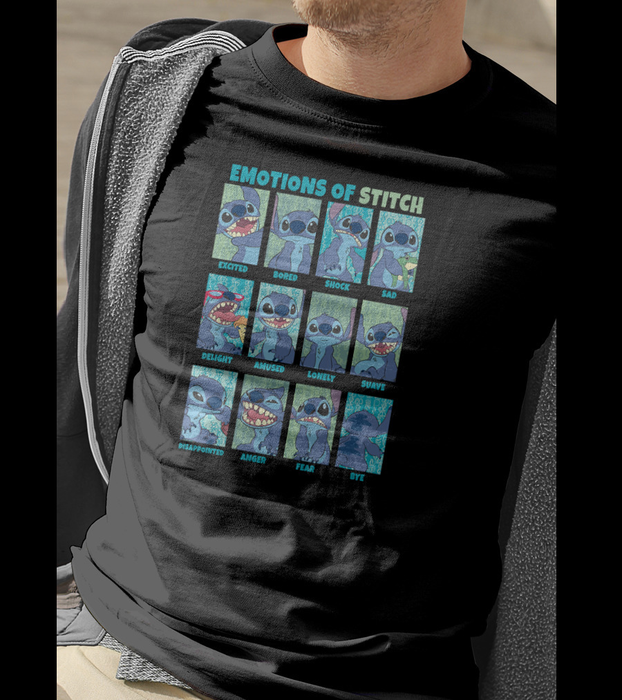 Disney Lilo And Stitch Excited Bored Shock Sad Delight Amused Lonely Suave Disappointed Anger Fear Bye Emotions Of Stitch T-Shirt