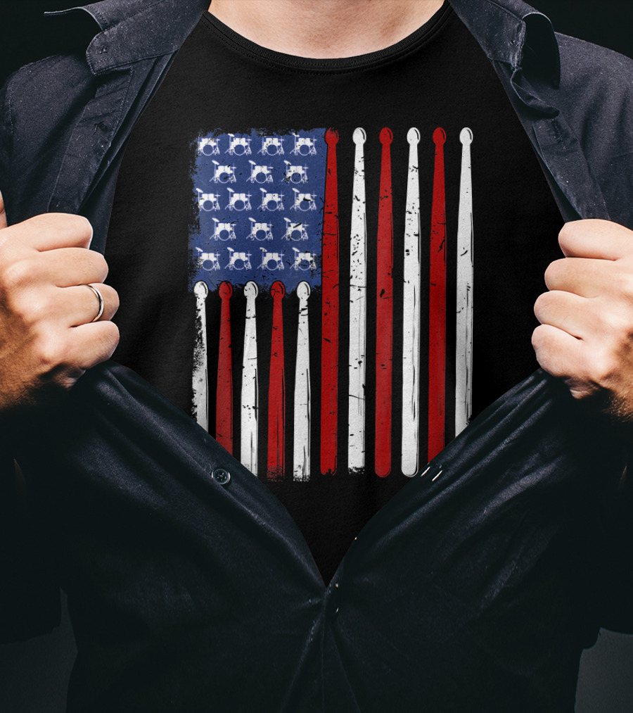 Vintage Drumsticks With USA Flag For Drummers T-Shirt