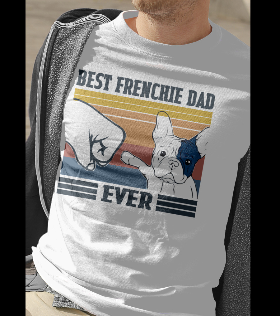 Best Frenchie Dad Ever Fist Bump Retro Stripes Dog Punch Paw Puppy T-Shirt