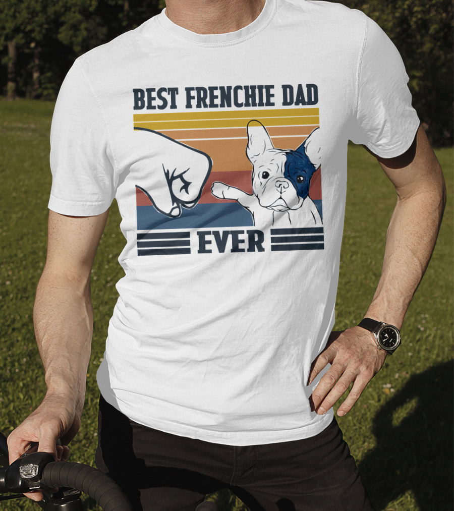 Best Frenchie Dad Ever Fist Bump Retro Stripes Dog Punch Paw Puppy T-Shirt