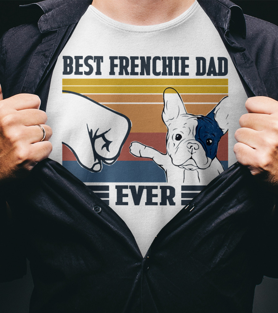 Best Frenchie Dad Ever Fist Bump Retro Stripes Dog Punch Paw Puppy T-Shirt