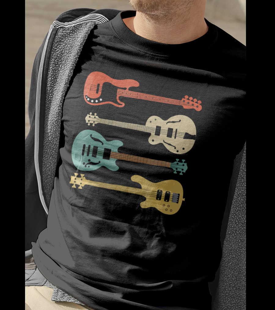 Vintage Retro Bass Guitar Bassist Player Colorful Guitar Collection T-Shirt