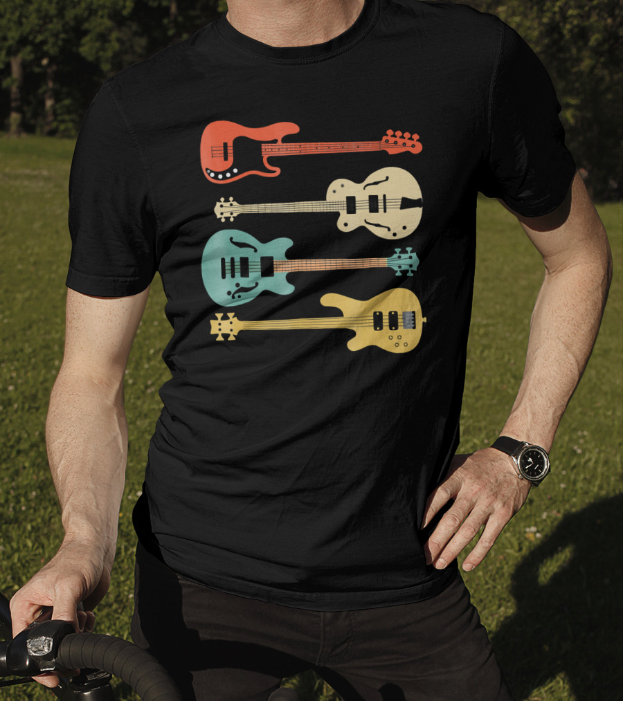 Vintage Retro Bass Guitar Bassist Player Colorful Guitar Collection T-Shirt