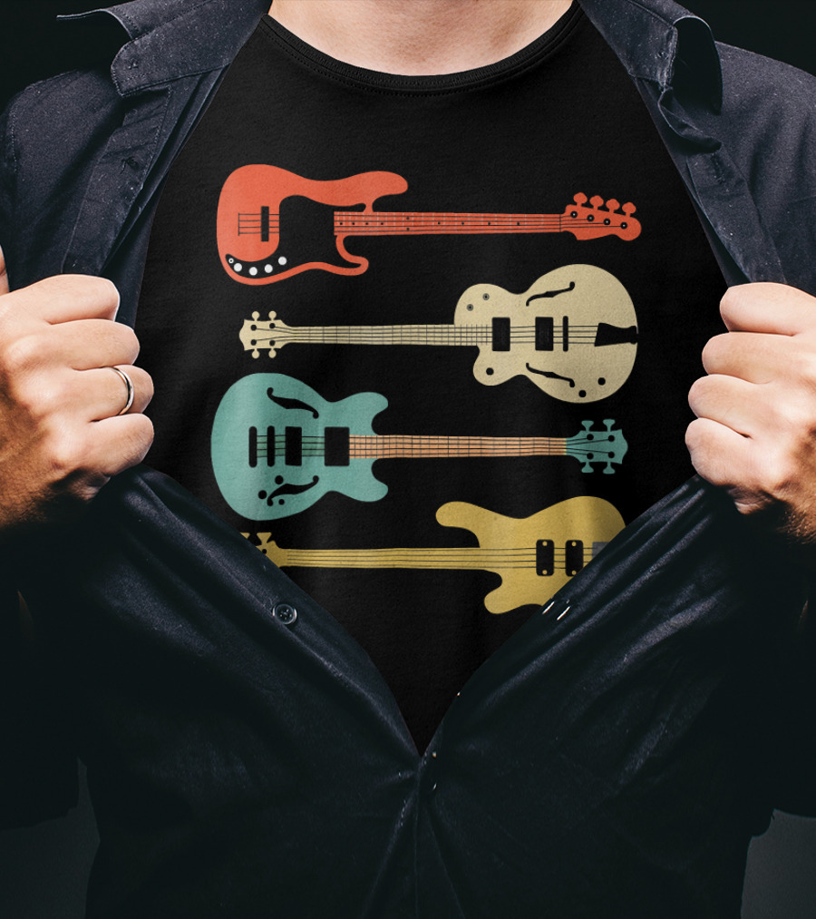 Vintage Retro Bass Guitar Bassist Player Colorful Guitar Collection T-Shirt