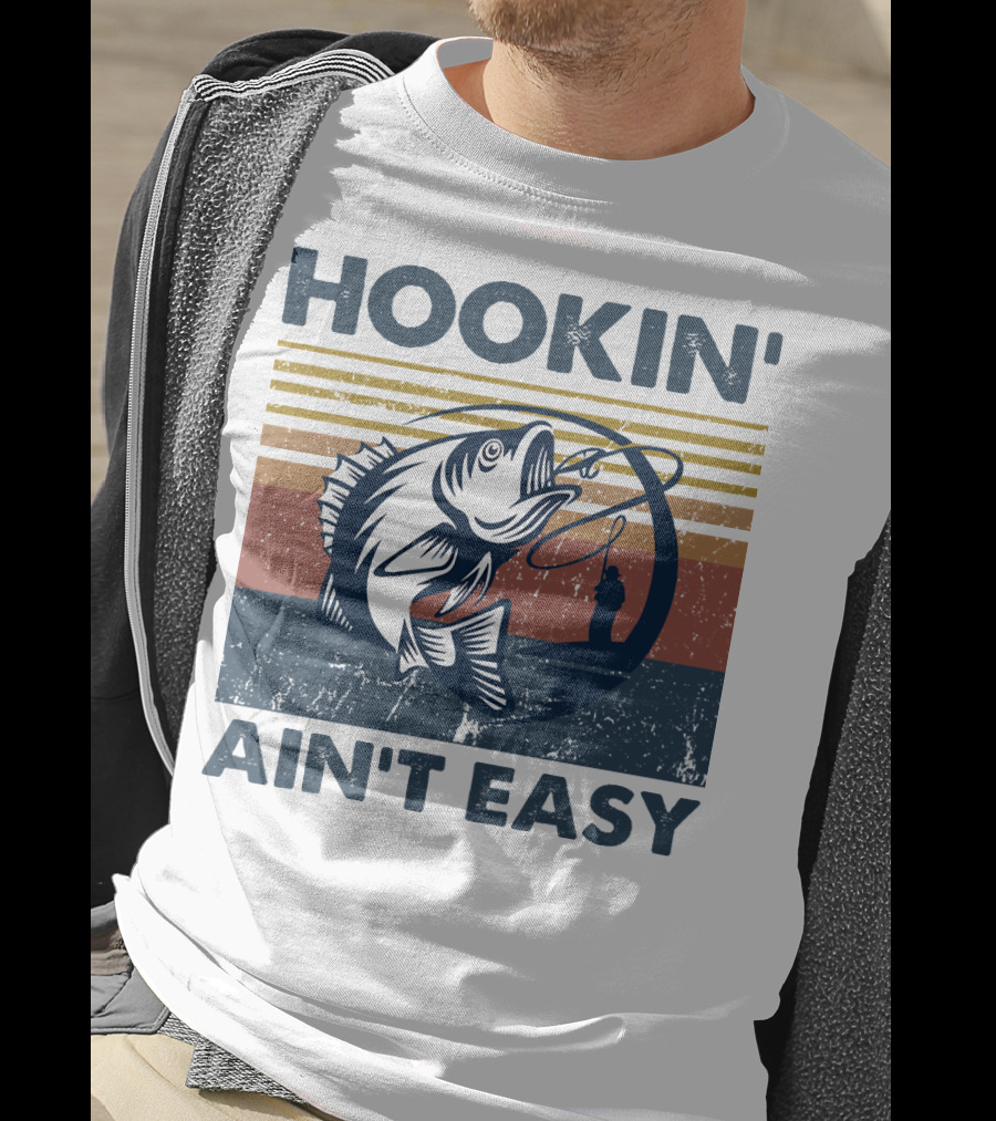 Hookin' Ain't Easy Vintage Fishing Graphic With Striped Sunset And Angler T-Shirt