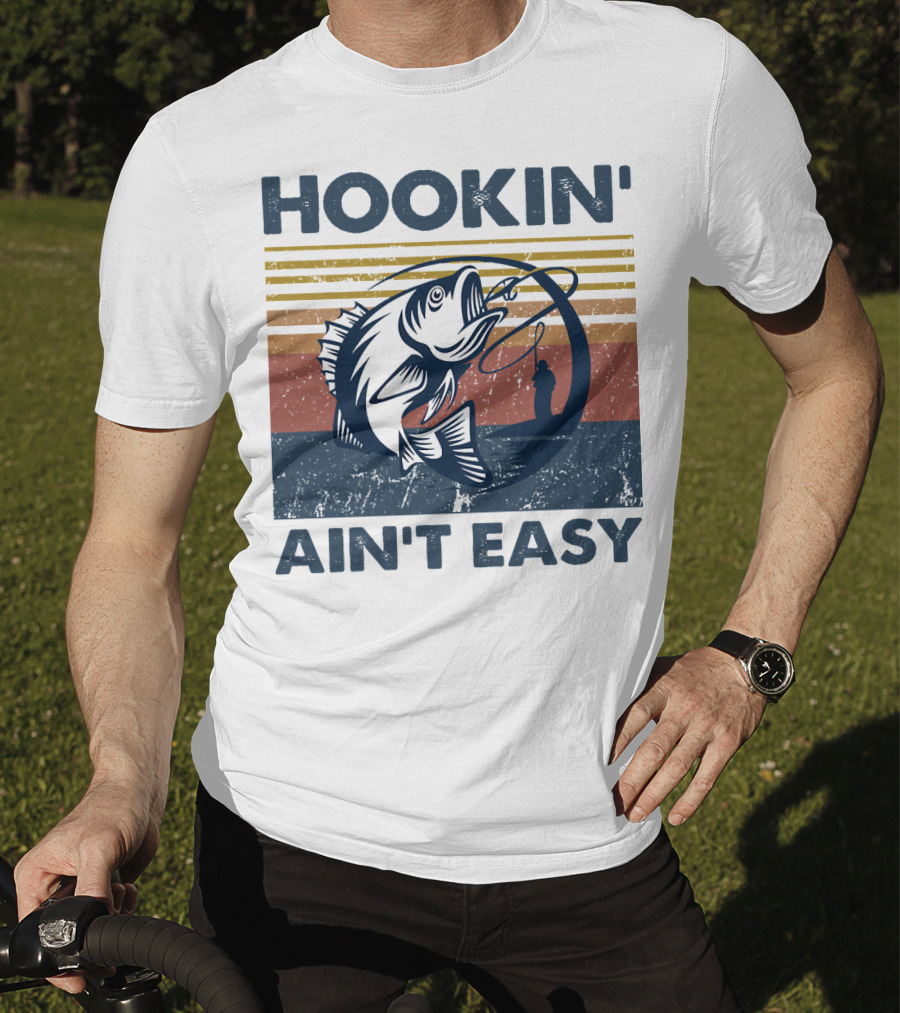 Hookin' Ain't Easy Vintage Fishing Graphic With Striped Sunset And Angler T-Shirt