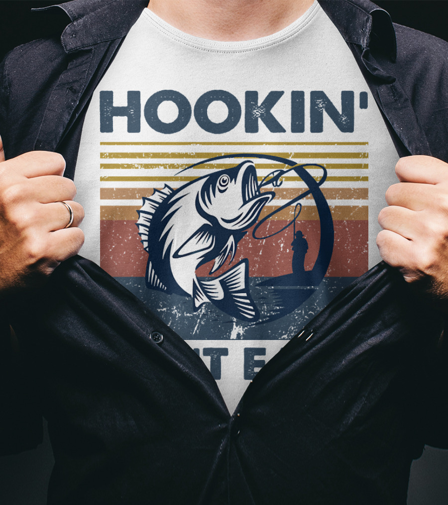 Hookin' Ain't Easy Vintage Fishing Graphic With Striped Sunset And Angler T-Shirt