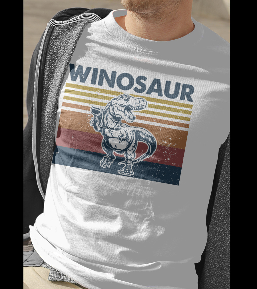 Winosaur Dinosaur With Wine Glass Retro Stripes T-Shirt