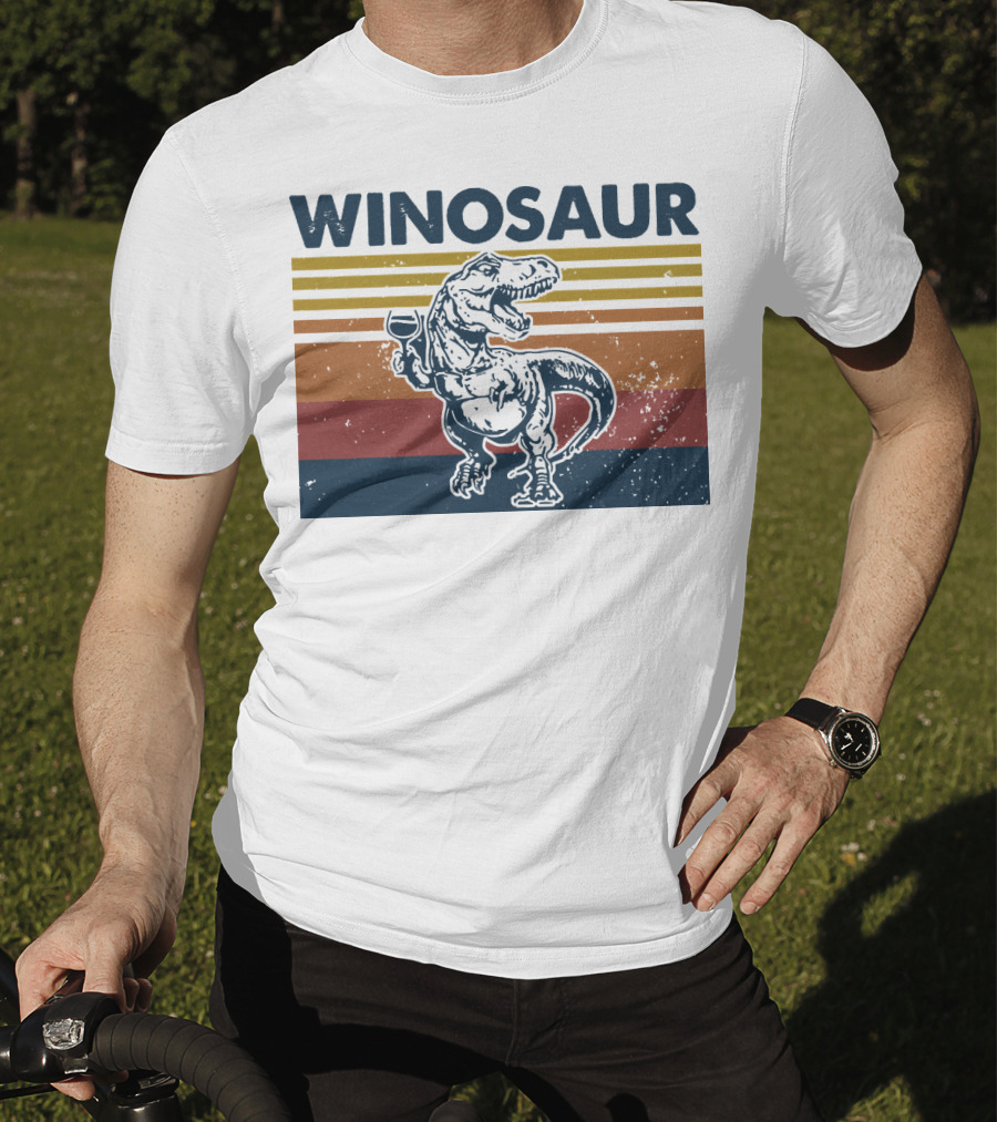 Winosaur Dinosaur With Wine Glass Retro Stripes T-Shirt