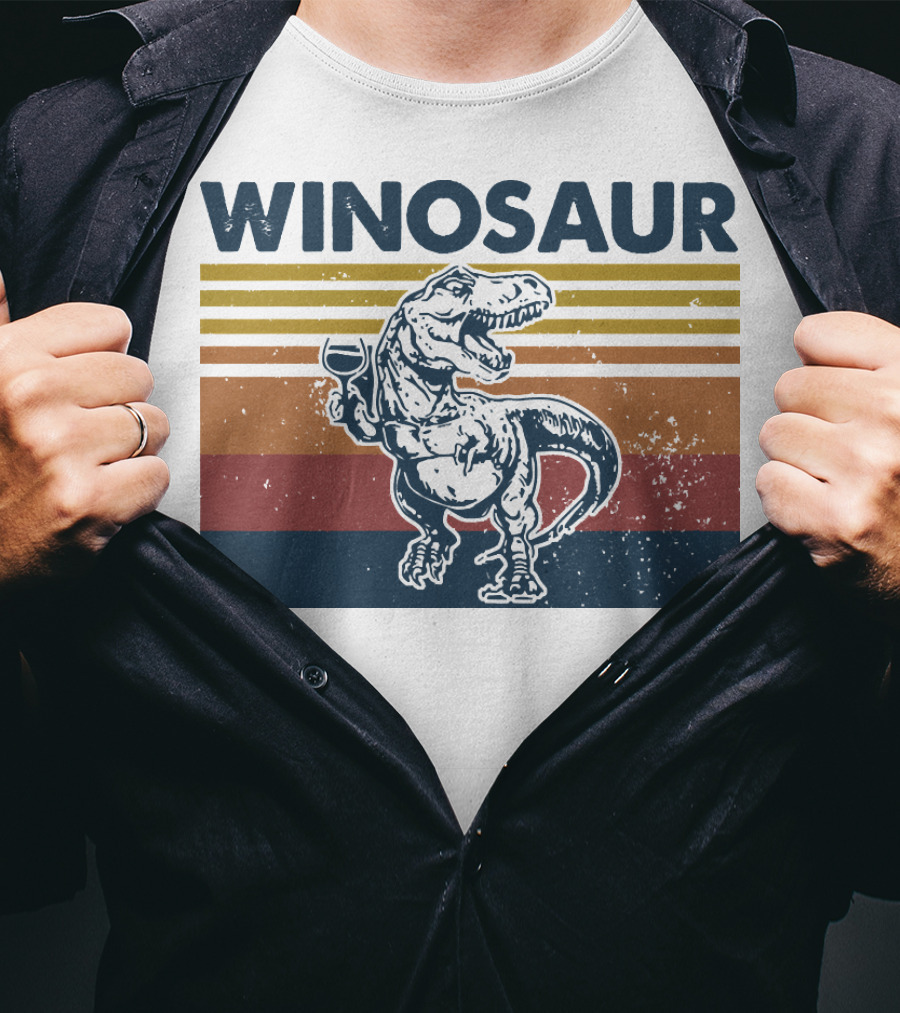 Winosaur Dinosaur With Wine Glass Retro Stripes T-Shirt