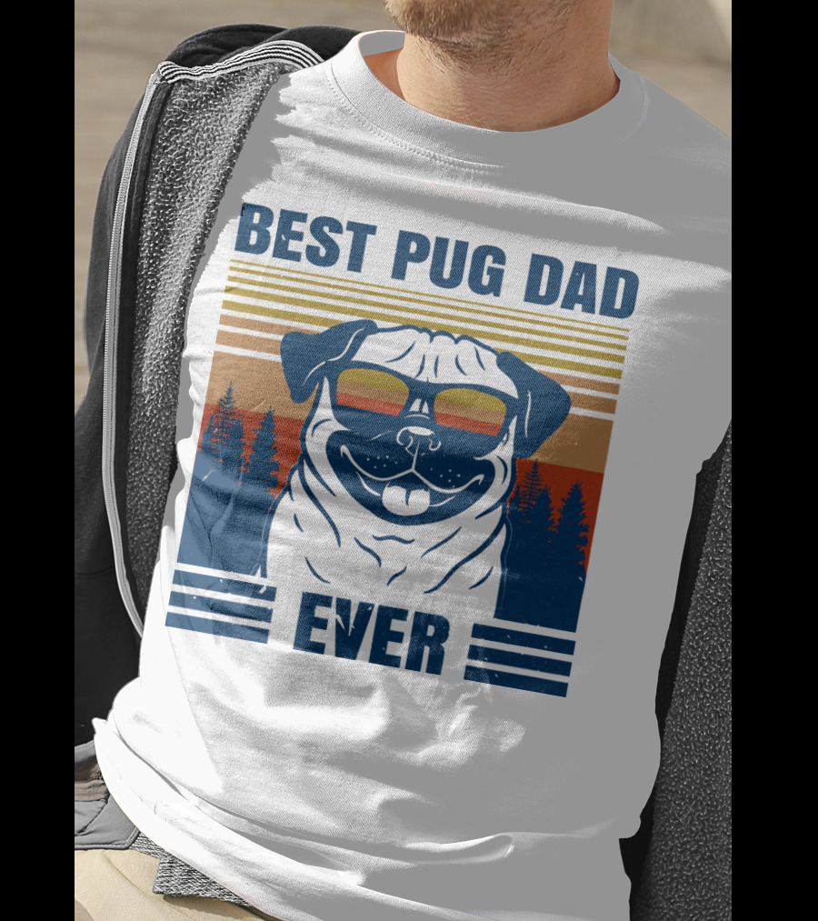 Best Pug Dad Ever Vintage Sunset Forest Retro T-Shirt