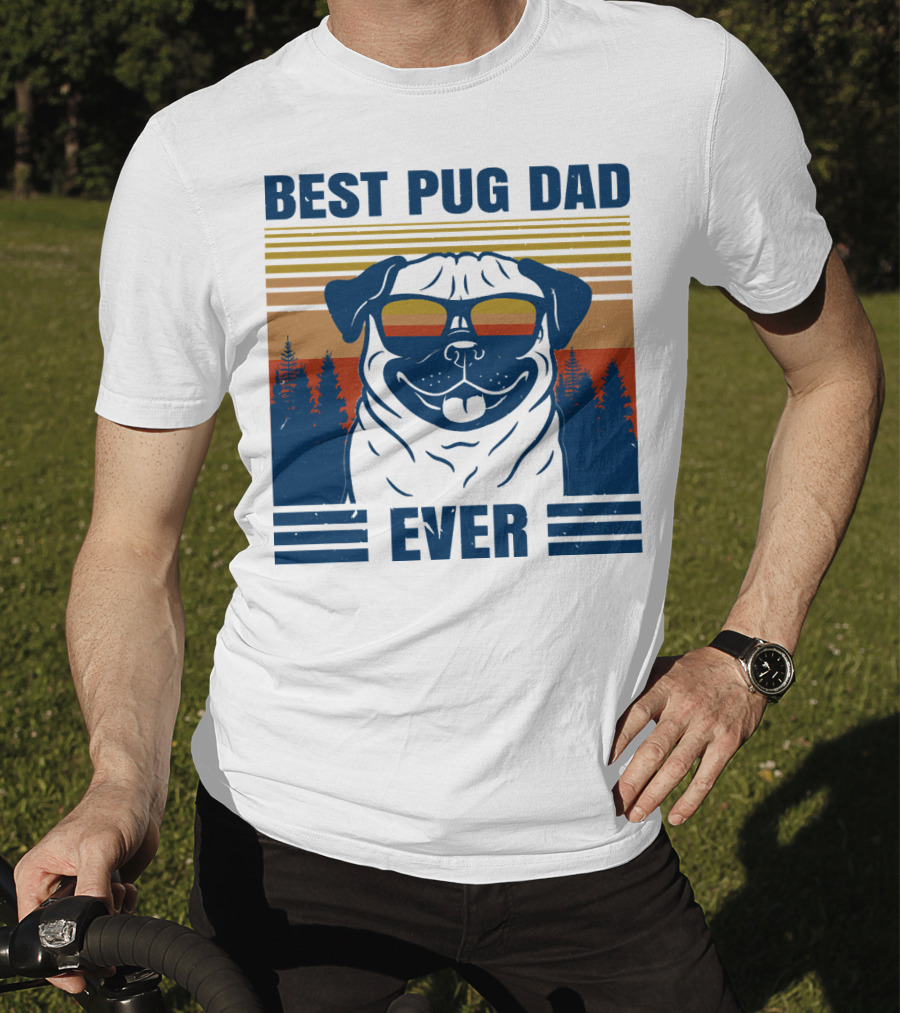 Best Pug Dad Ever Vintage Sunset Forest Retro T-Shirt