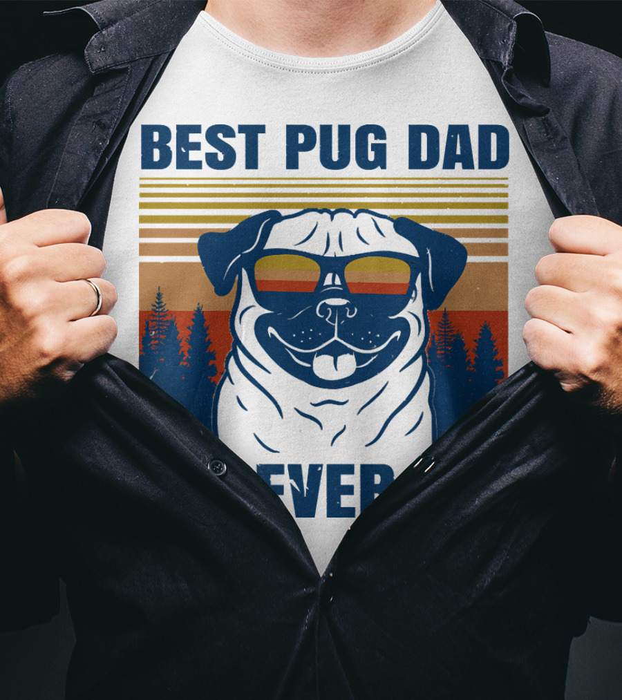 Best Pug Dad Ever Vintage Sunset Forest Retro T-Shirt