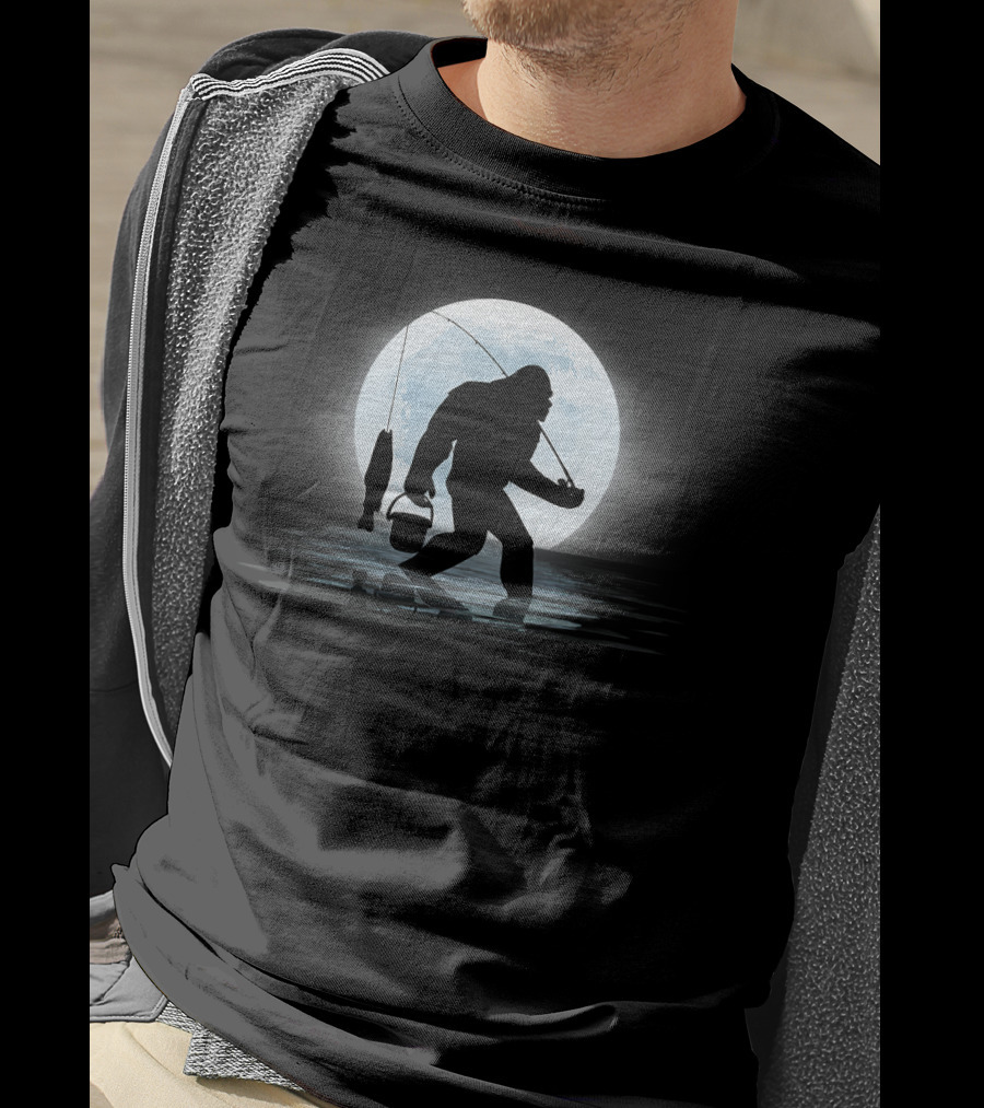 Moonlit Bigfoot Sasquatch Fishing Adventure Night T-Shirt