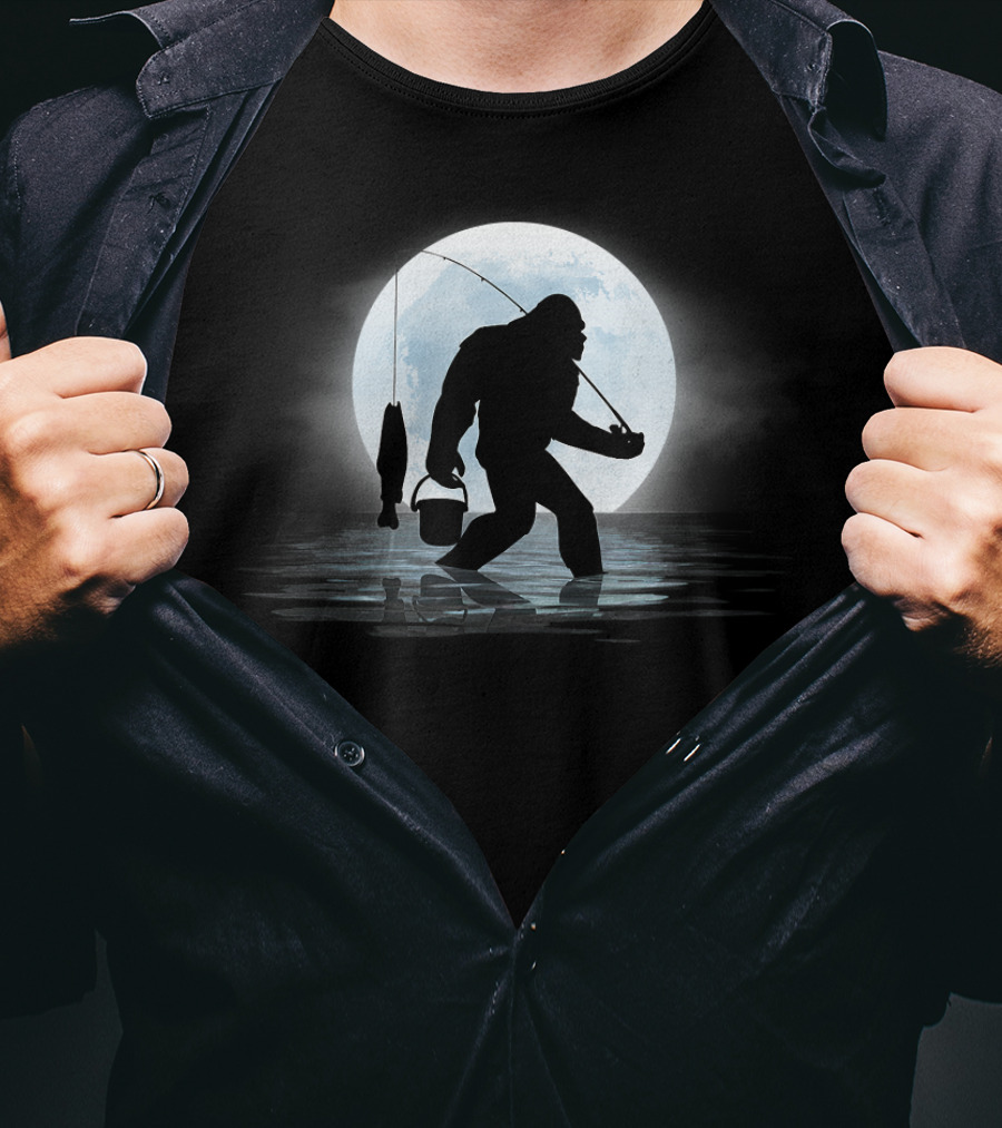 Moonlit Bigfoot Sasquatch Fishing Adventure Night T-Shirt