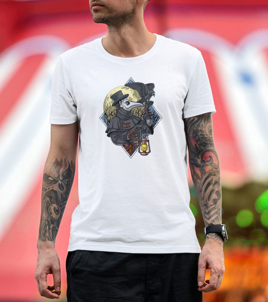 Plague Doctor Steampunk Raven Medieval Lantern Moonlit Forest T-Shirt