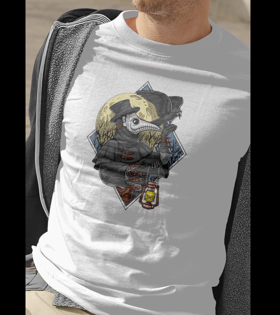 Plague Doctor Steampunk Raven Medieval Lantern Moonlit Forest T-Shirt