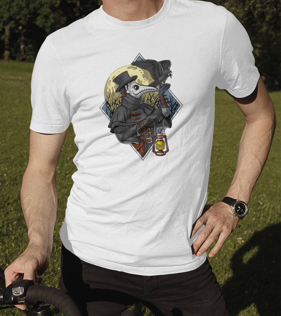 Plague Doctor Steampunk Raven Medieval Lantern Moonlit Forest T-Shirt