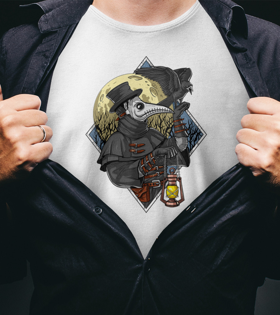 Plague Doctor Steampunk Raven Medieval Lantern Moonlit Forest T-Shirt