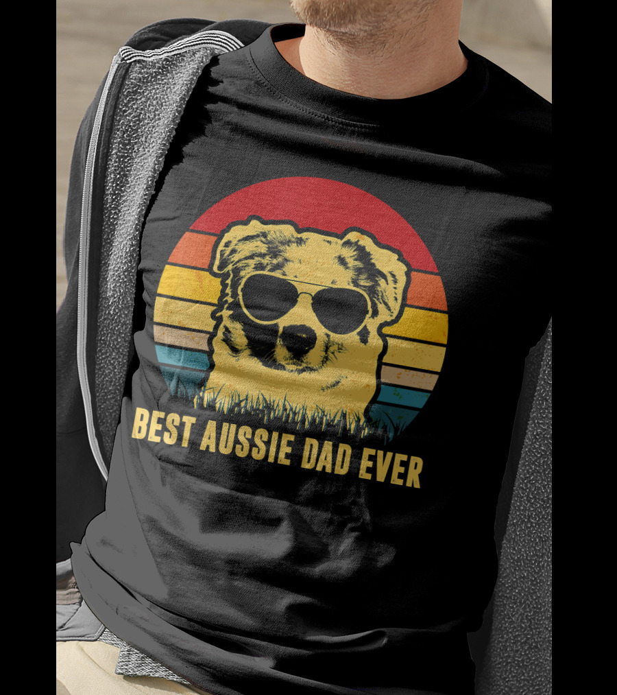 Best Aussie Dad Ever Vintage Dog Sunglasses Retro Stripes T-Shirt