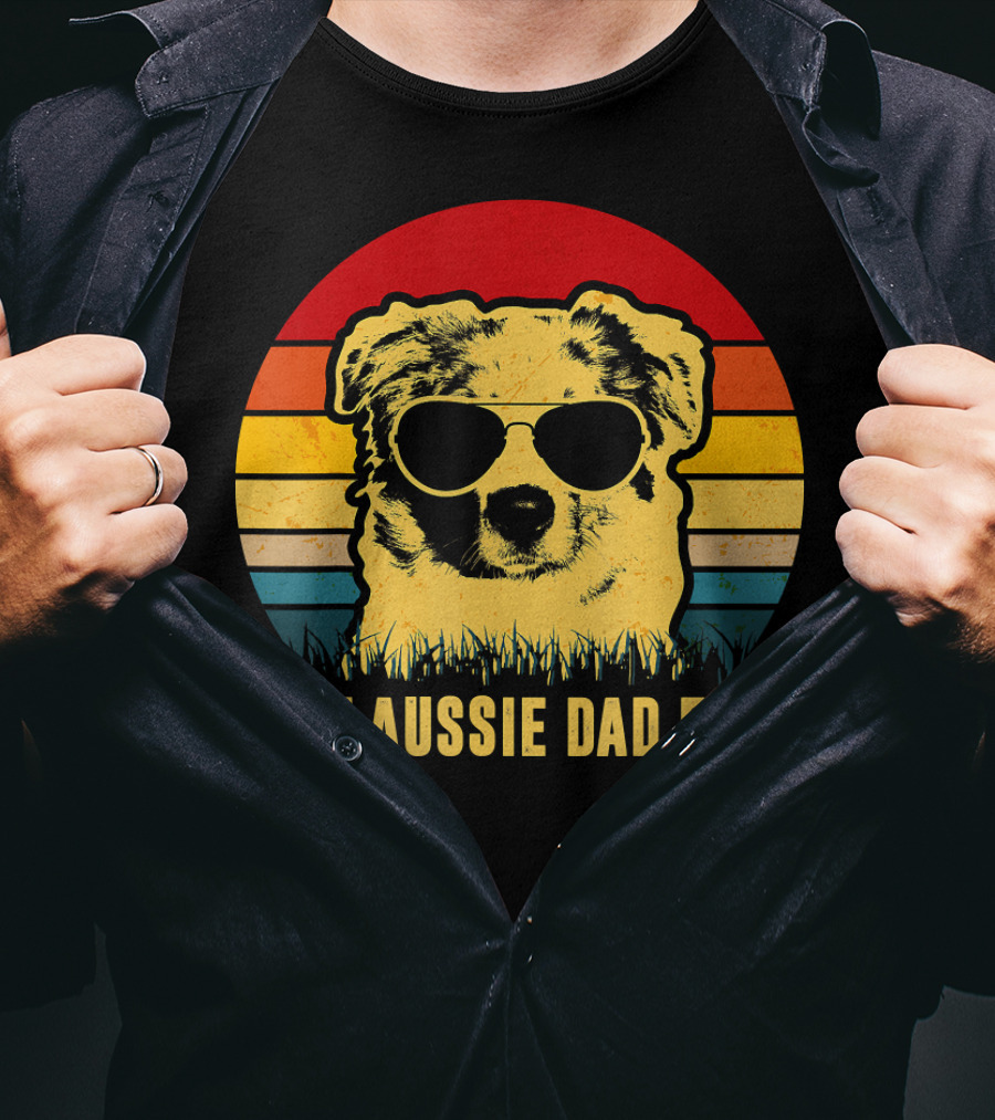Best Aussie Dad Ever Vintage Dog Sunglasses Retro Stripes T-Shirt