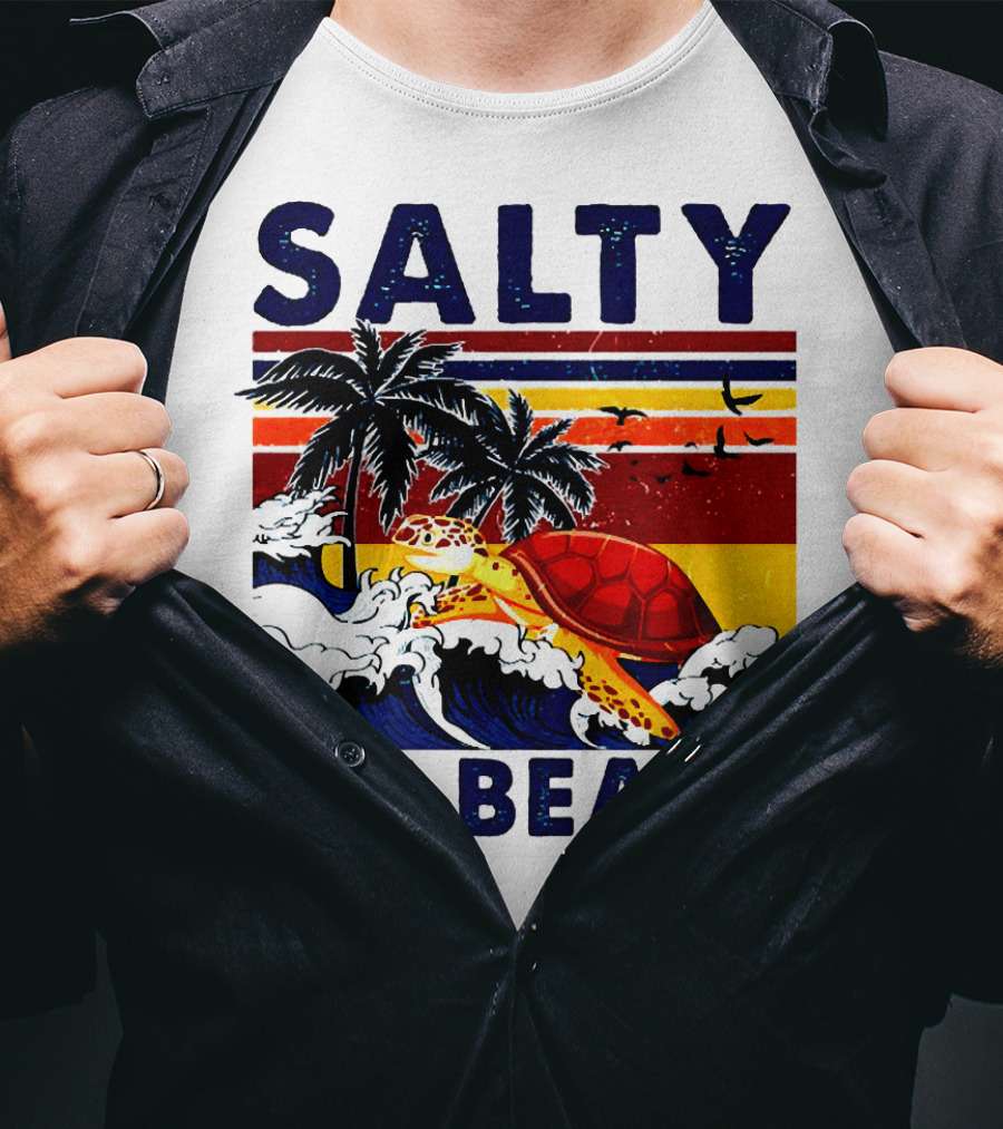 Salty Lil Beach Turtle Vintage Summer Retro Waves And Palms T-Shirt