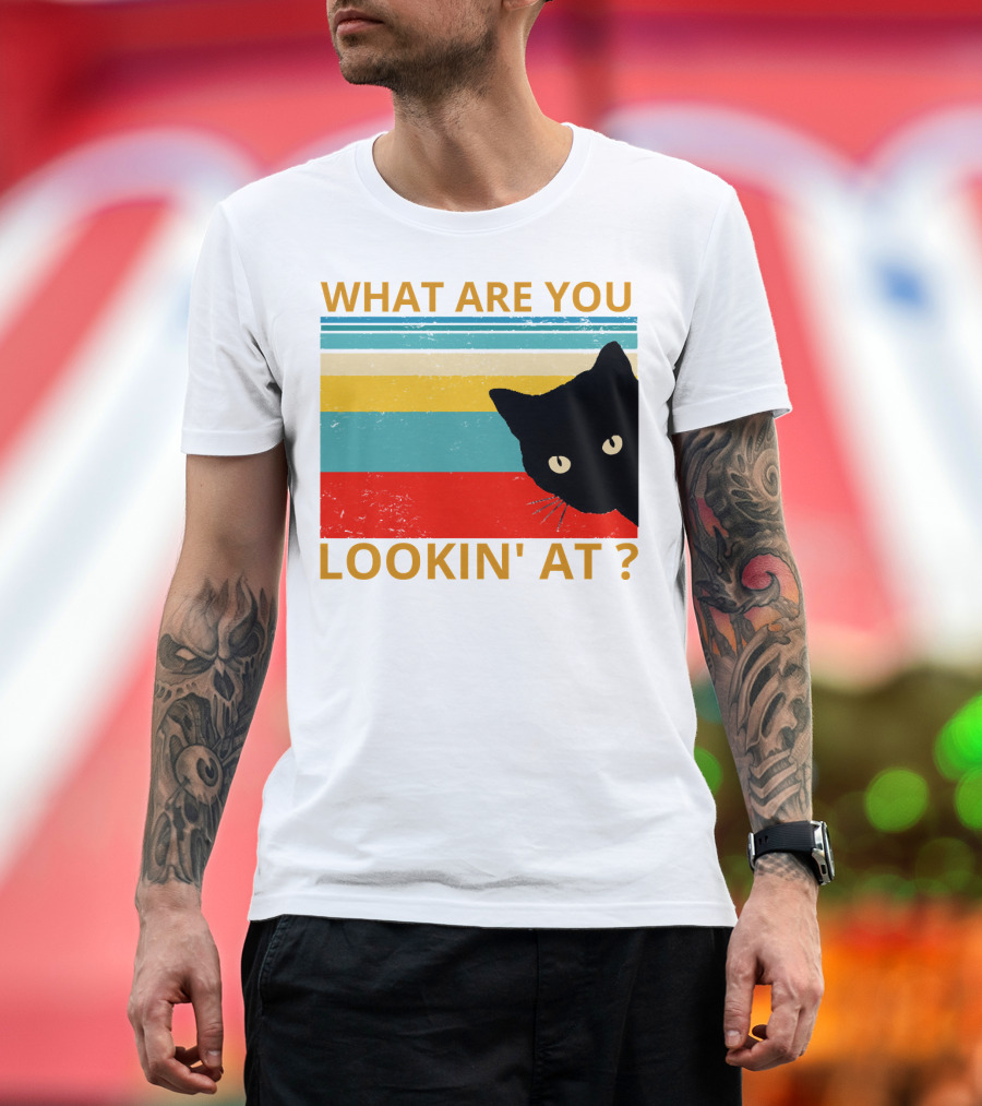 WHAT ARE YOU LOOKIN' AT BLACK CAT VINTAGE STRIPES T-Shirt
