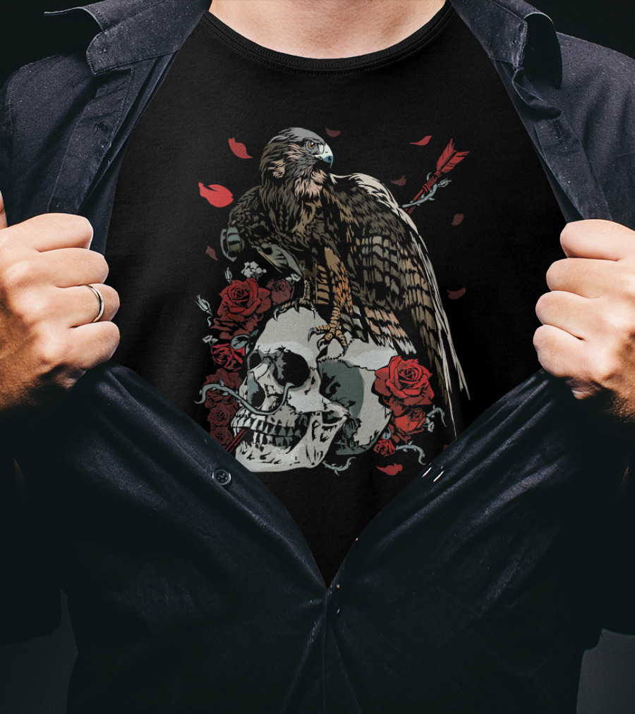 Hawk Skull Roses Day Of The Dead T-Shirt