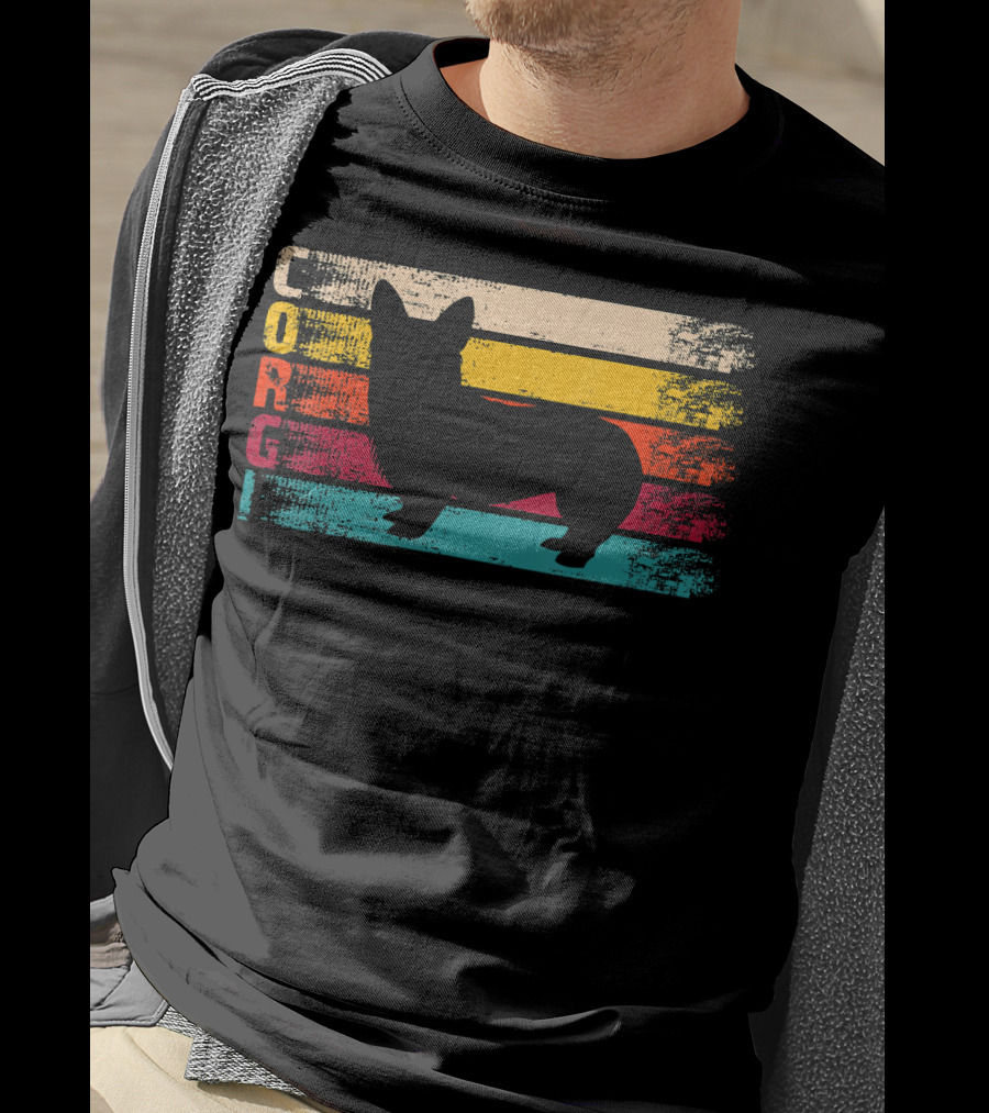Distressed Vintage Corgi Silhouette Retro Stripes T-Shirt
