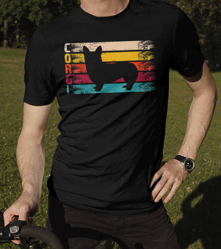 Distressed Vintage Corgi Silhouette Retro Stripes T-Shirt
