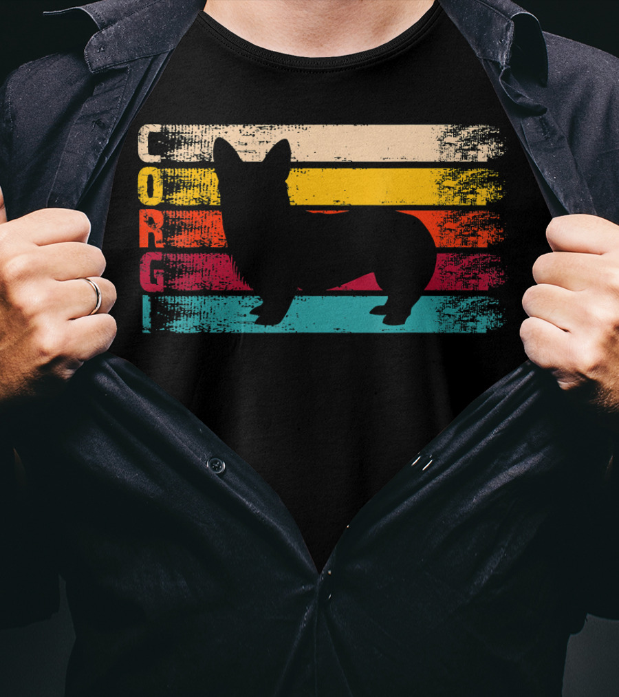Distressed Vintage Corgi Silhouette Retro Stripes T-Shirt