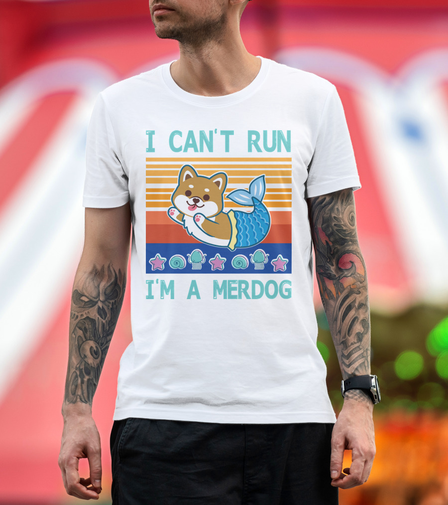 Mermaid Corgi I Can't Run I'm A Merdog with Starfish and Seashells T-Shirt