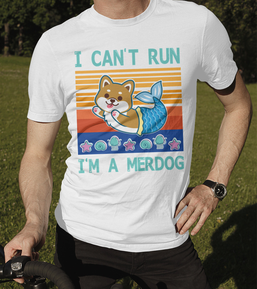 Mermaid Corgi I Can't Run I'm A Merdog With Starfish And Seashells T-Shirt