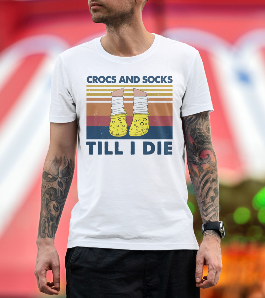 Crocs and Socks Till I Die Yellow Footwear Retro Stripes T-Shirt