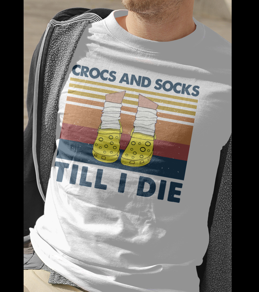 Crocs And Socks Till I Die Yellow Footwear Retro Stripes T-Shirt