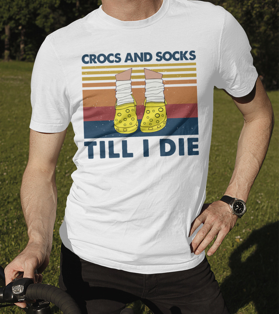 Crocs And Socks Till I Die Yellow Footwear Retro Stripes T-Shirt