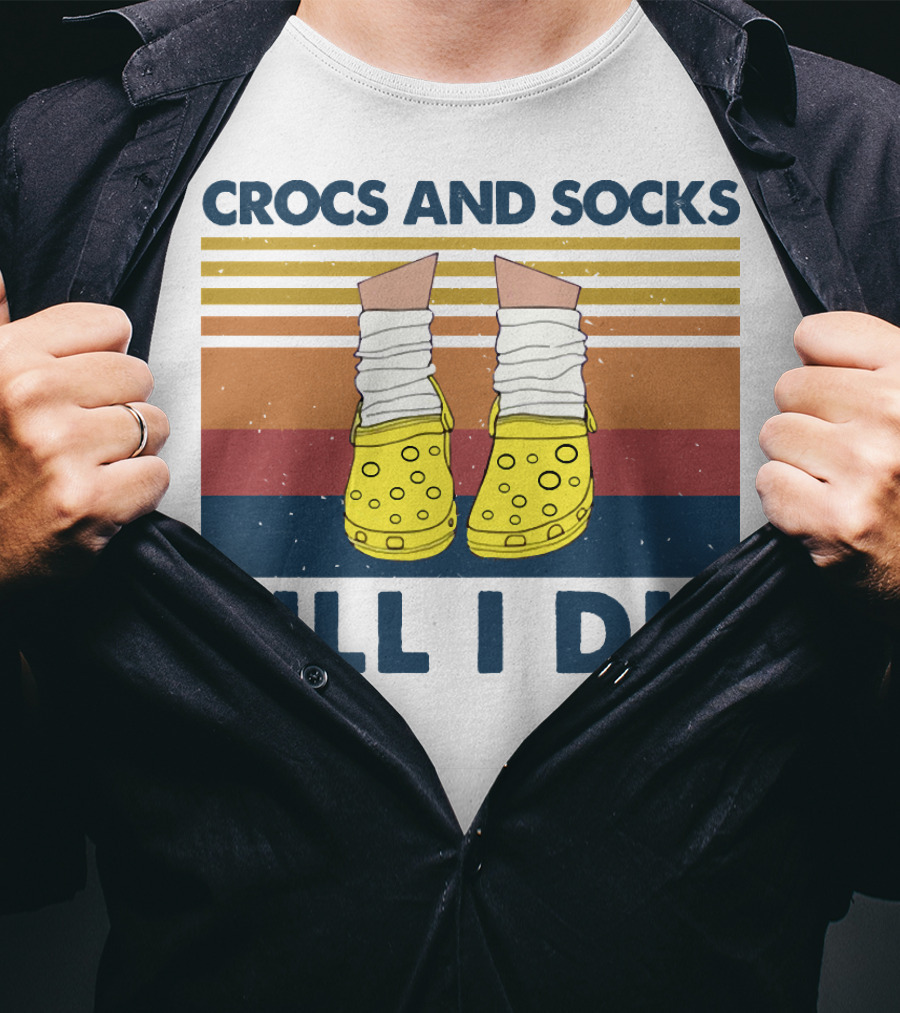 Crocs And Socks Till I Die Yellow Footwear Retro Stripes T-Shirt