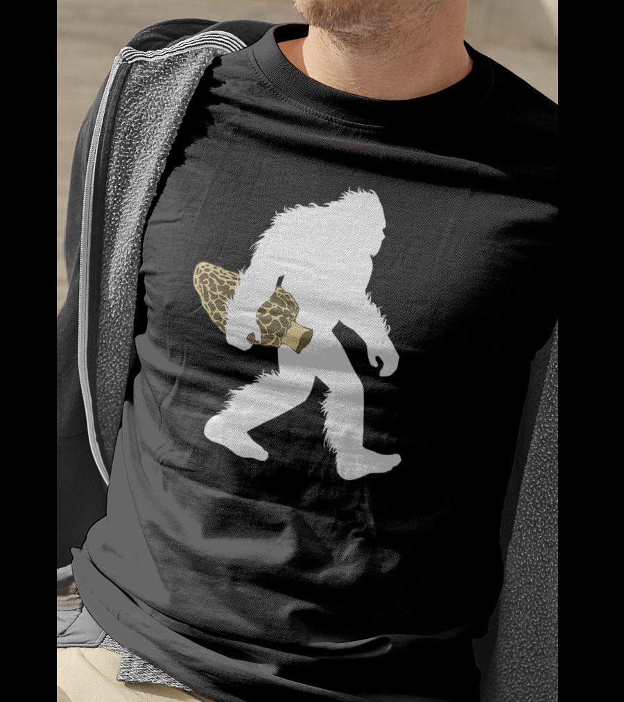 Bigfoot Silhouette Carrying Morel Mushroom T-Shirt